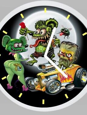 Rat Fink Hot Rod Clock Face Art - Green, Yellow, Black